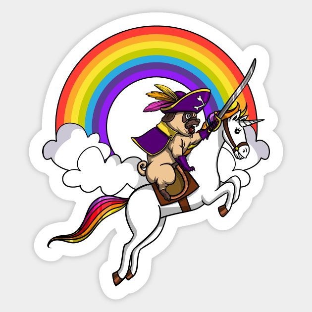 Pug Dog Pirate Riding Unicorn Sticker by underheaven